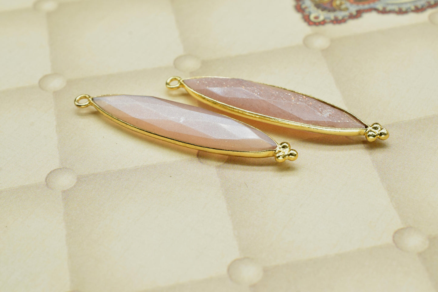 Peach Moonstone 7x34mm Marquise Shape Pendants,Peach, Moonstone Gemstone Charms Pendant,Peach Gemstone Gold Plating Single Bail Jewelry,Gift