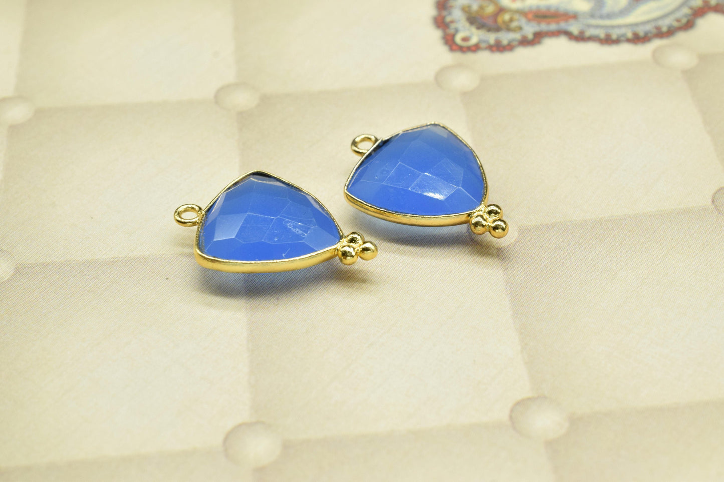 Blue Chalcedony Faceted Connector,Blue Chalcedony 15mm Trillion Shape Gold Plated Bezel Connector,Blue chalcedony Single bail component,Gift