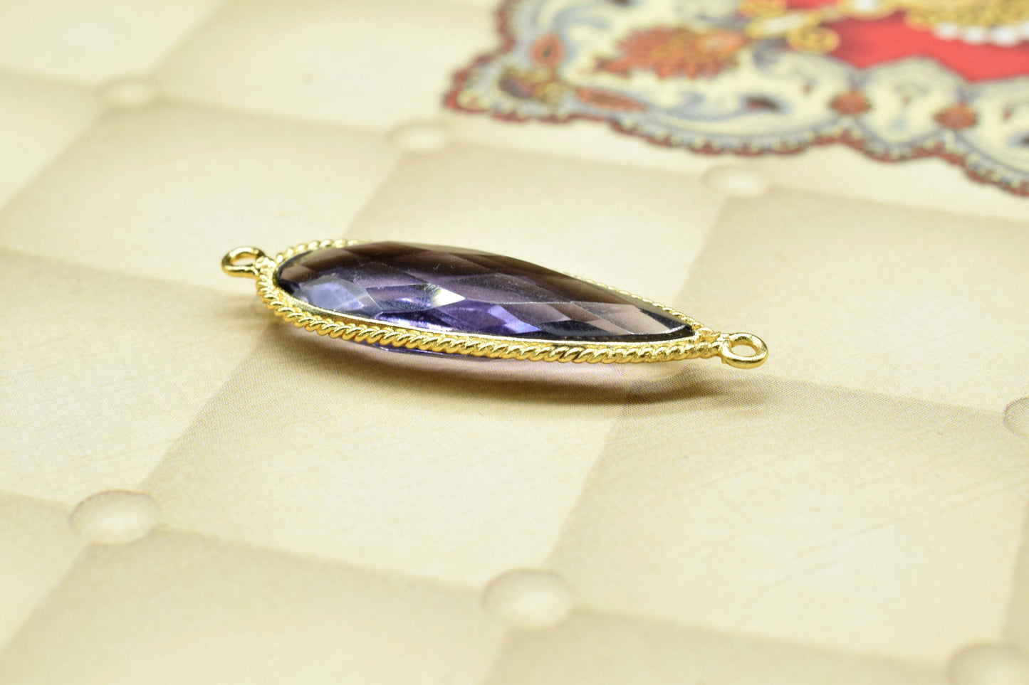 Amethyst Quartz Gemstone 10x30mm Teardrop Shape connector,Amethyst Gold Plating Double bail connectors,Amethyst charms Pendant Jewelry,Gift