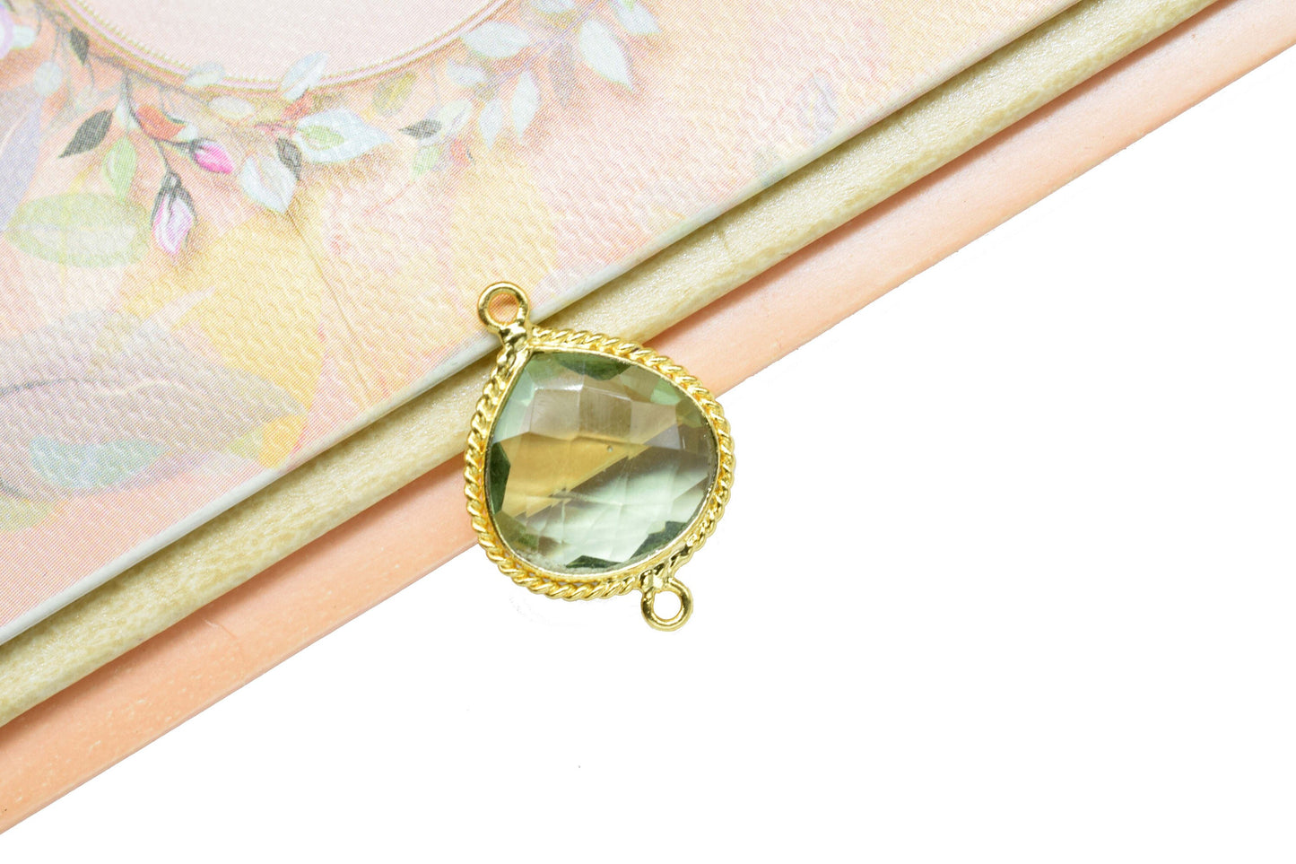 Green Amethyst Charms Double Bail Pendant,Green Amethyst Brass connector Gold Plating Jewelry Making,Amethyst Quartz 14mm Heart Shape charms