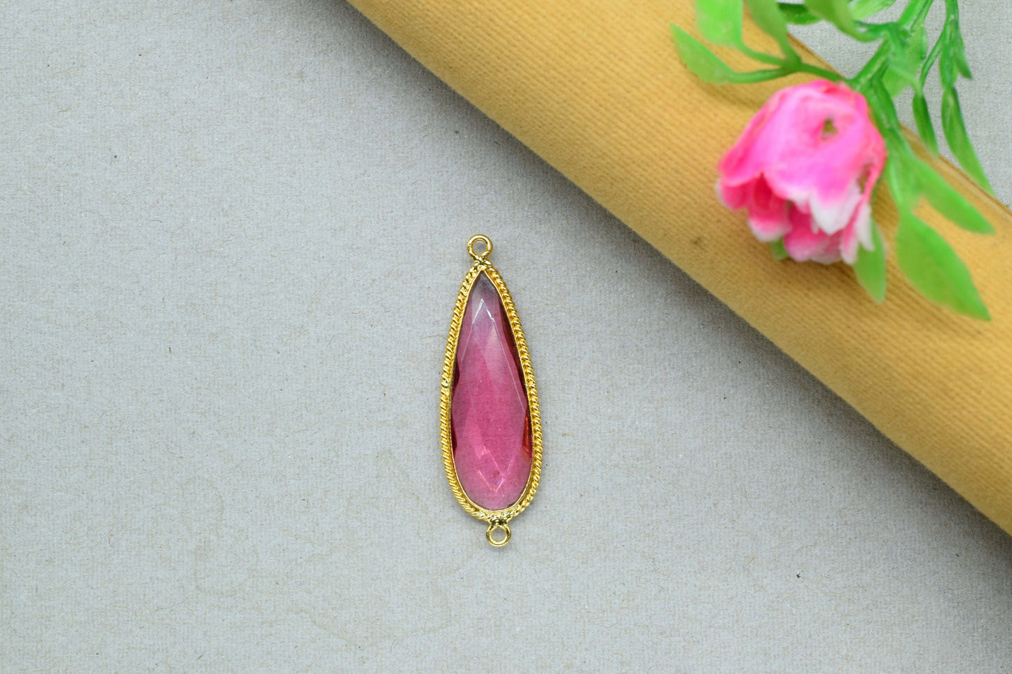Pink Tourmaline 10x30mm pear shape Pendant,Tourmaline Faceted Charms Connector Jewelry,Pink Tourmaline Gold Plated Double bail bezel,Gift