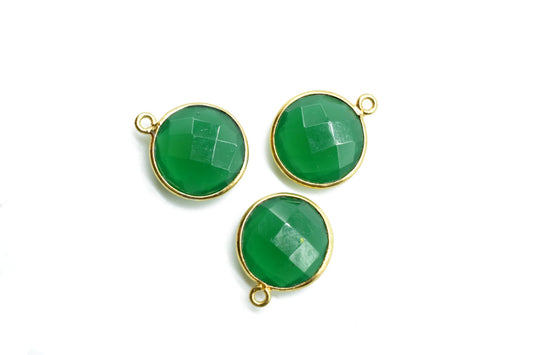 Natural Green Onyx 14mm Round charm,Brass Gold Plated bezel,Green Onyx single Bail Pendant,Stone Links,Gems Station,Onyx Earring Supplies,