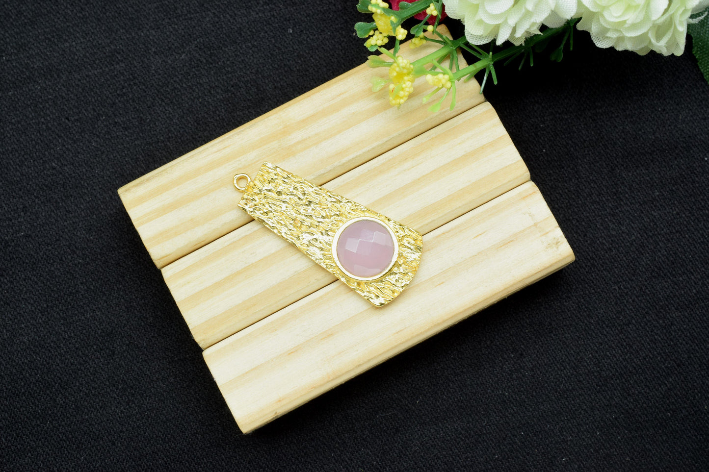 Pink Chalcedony Pendant ,Pink Chalcedony Gemstone Handmade Pendant , Single Bail Charms , Gold Plated Connectors , Gemstone Connector Charm
