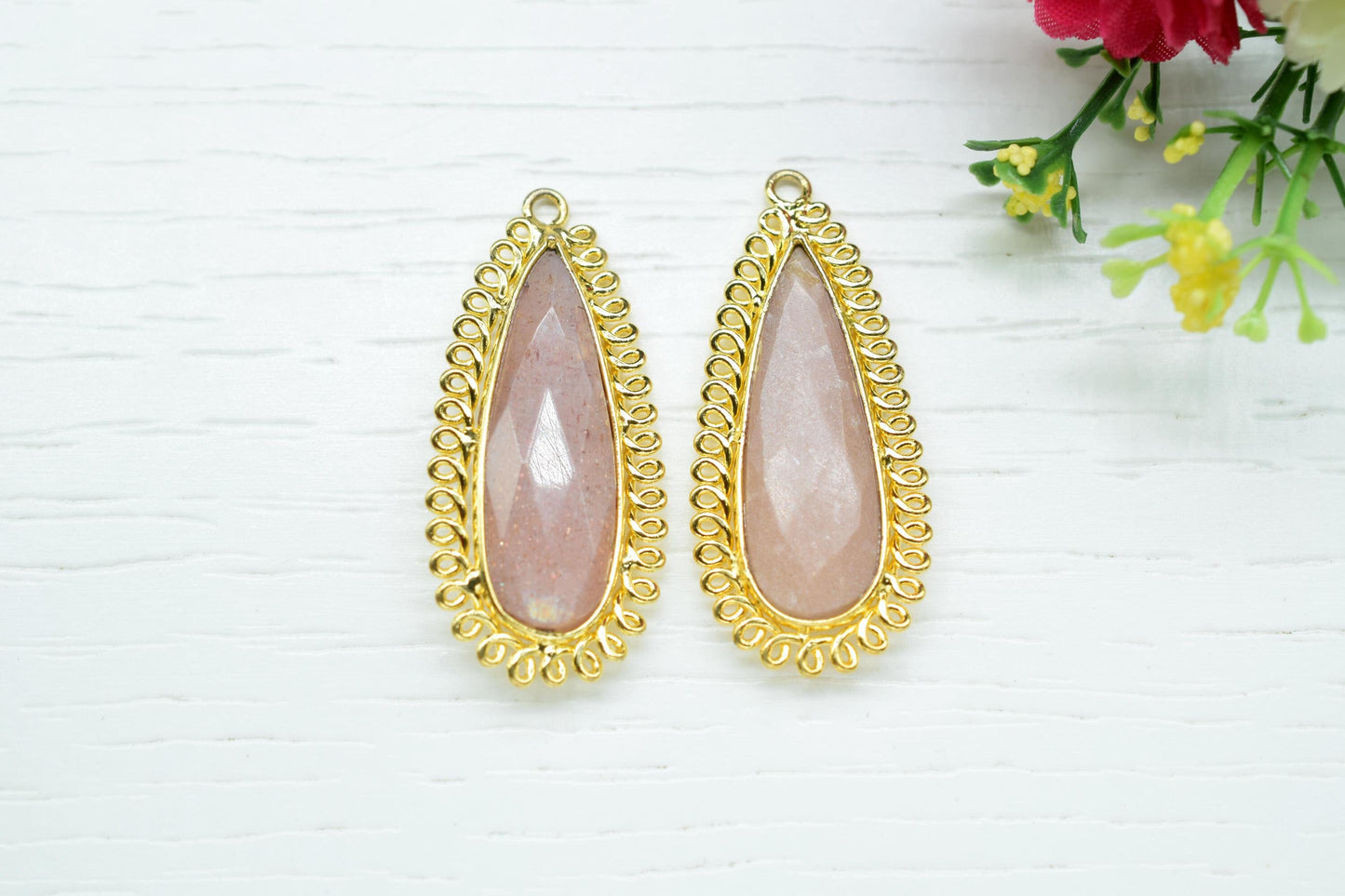 Peach Moonstone 10x30mm Teardrop Bezel Charm,Single Bail Pendant,Handmade Jewellery Connectors,Gemstone Brass Component,Handmade Connector