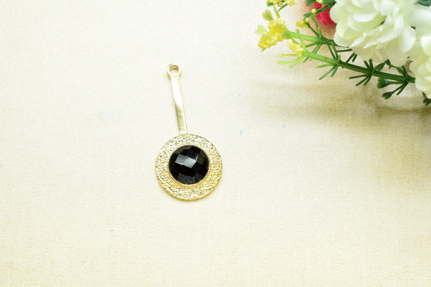 Black Onyx Pendant , Black Onyx Gemstone Handmade Pendant ,Single Bail Checker Cut Gemstone Connector, Gold Plated Connectors