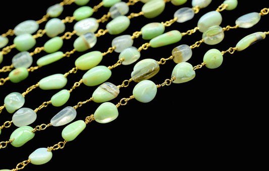 Chrysoprase Gemstone Oval Shape Smooth Bead Chain,Chrysoprase Wire Wrapped Gold Plating rosary,Chrysoprase Beads Link Chain Jewelry,Gift