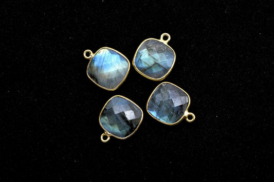 Blue Flash Labradorite 12mm & 14mm cushion shape single loop connectors,Brass Gold Plated bezels,Labradorite Pendants,Labradorite  bezels