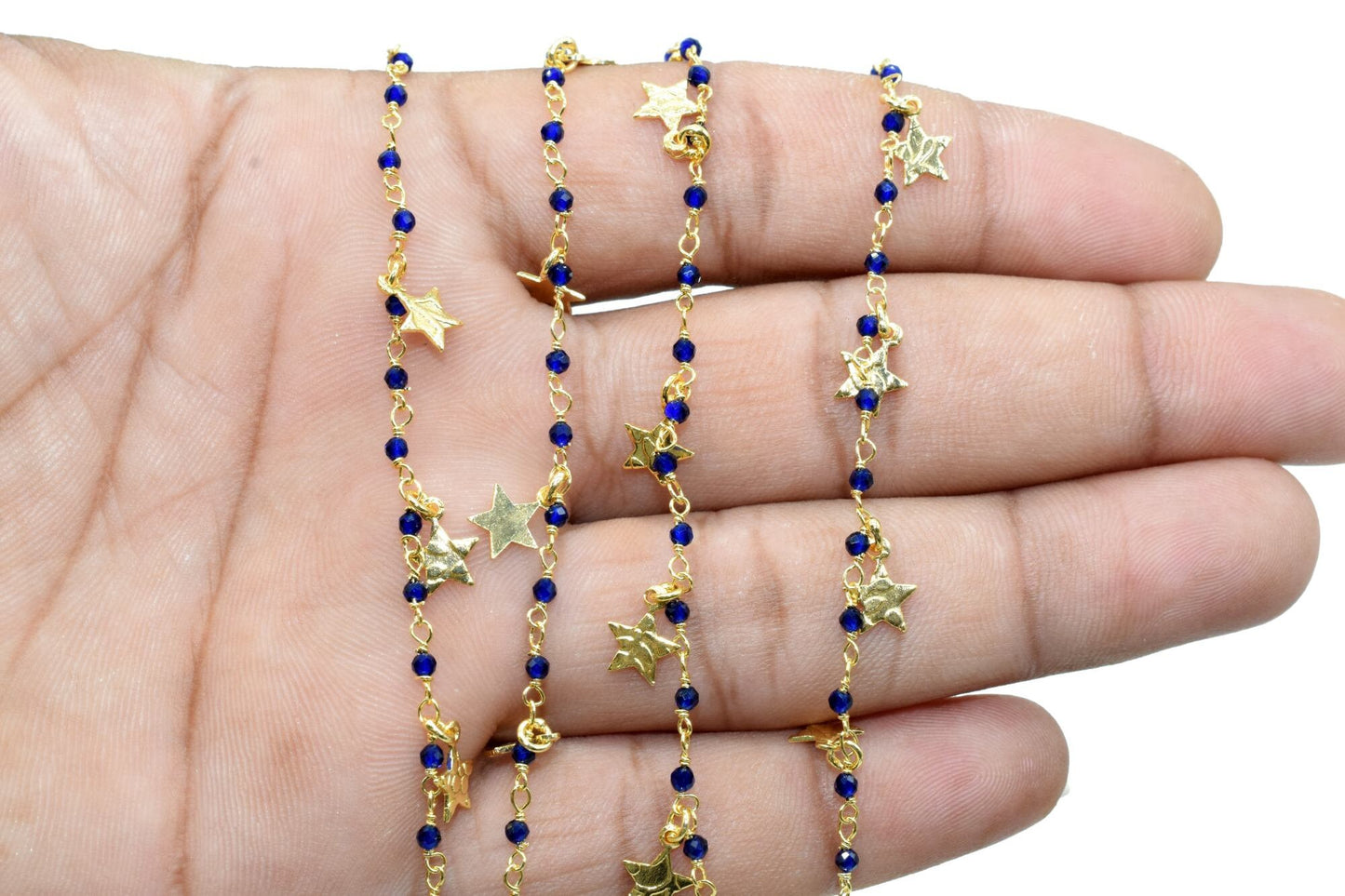 Blue Sapphire 2mm Beaded & Star Charm Chain,Sapphire Wire Wrapped Rosary Chain,Beaded Chain,, Chain by The Foot,Bead Wire Wrapped Chains