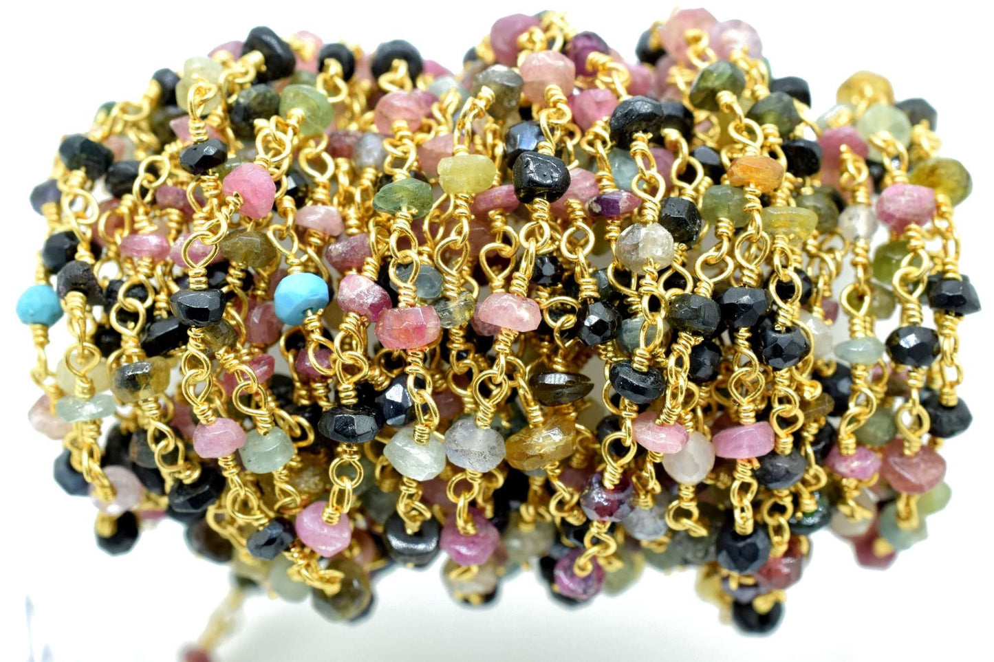 Multi Tourmaline Rosary Chain,Multi Tourmaline Wire Wrapped Rosary,3 to 3.5mm beaded chain,Natural Multi Tourmaline beaded Chain,gold chain