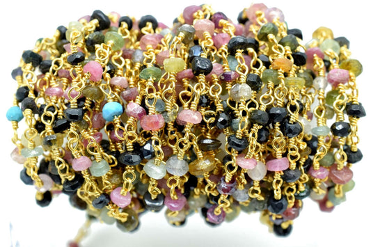 Multi Tourmaline Rosary Chain,Multi Tourmaline Wire Wrapped Rosary,3 to 3.5mm beaded chain,Natural Multi Tourmaline beaded Chain,gold chain