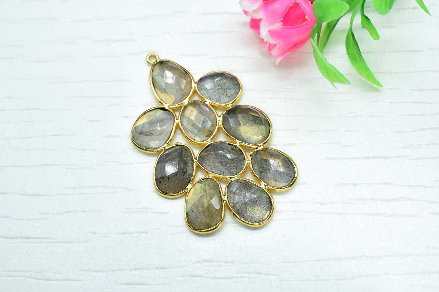 labradorite pendant,gemstone pendant,multi gemstone connector,gold plated pendant,single bail bezel,gemstone bezel,handmade pendant,hadnmade