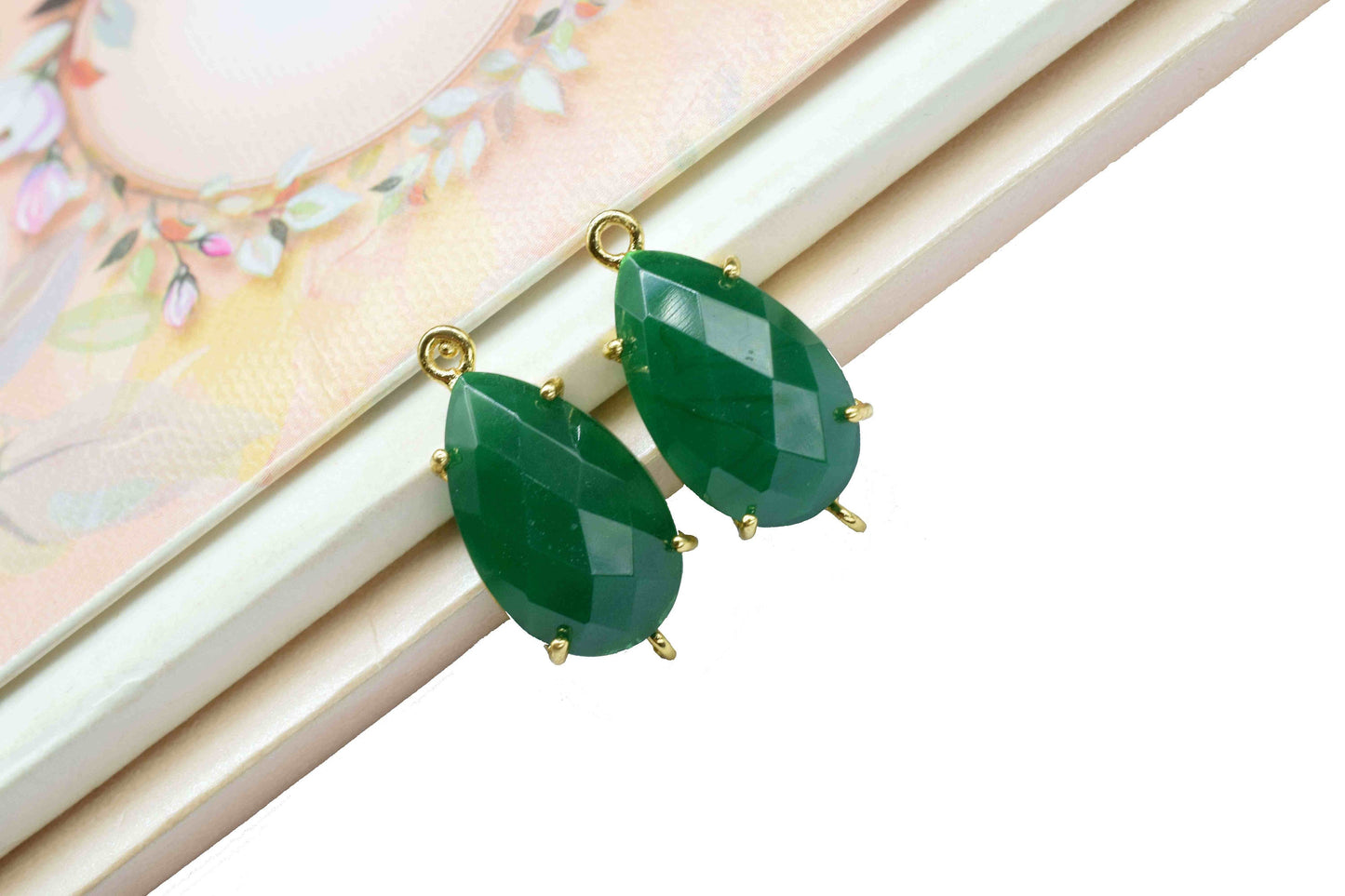 Green Onyx Connector,Green Onyx jewelry,Green Onyx Teardrop Bezel,double bail connector,Handmade Gemstone Bezel,Prong Set Bezel Connector