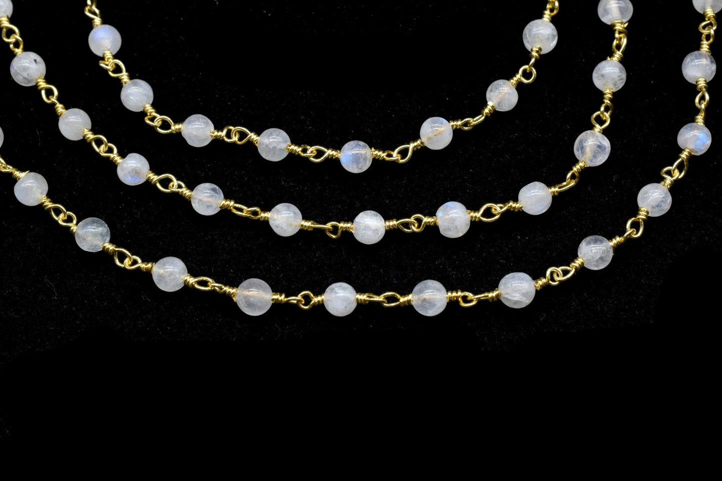 Moonstone 4mm Round Beaded Chain,Rainbow Moonstone Gold Rosary Chain,Gemstone Chains By the Foot for Rosary Necklace,Rosary Roll Bulk pirce