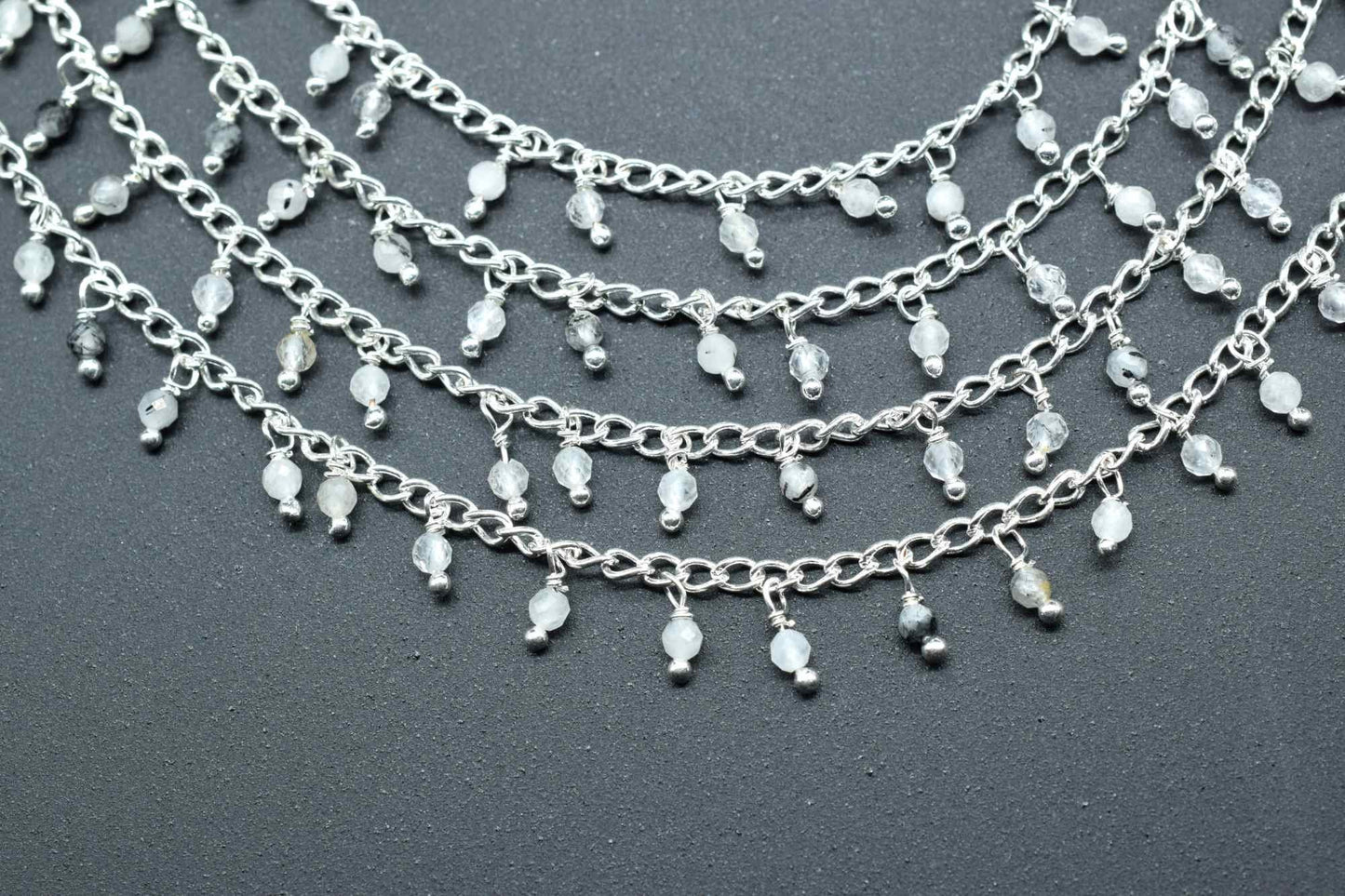 Black rutile 2mm Beaded Chain,Black Rutile Gemstone Rosary Chains, Tourmalated Quartz 3mm Faceted Beads,Rutile Wire Wrapped Rosary Chains