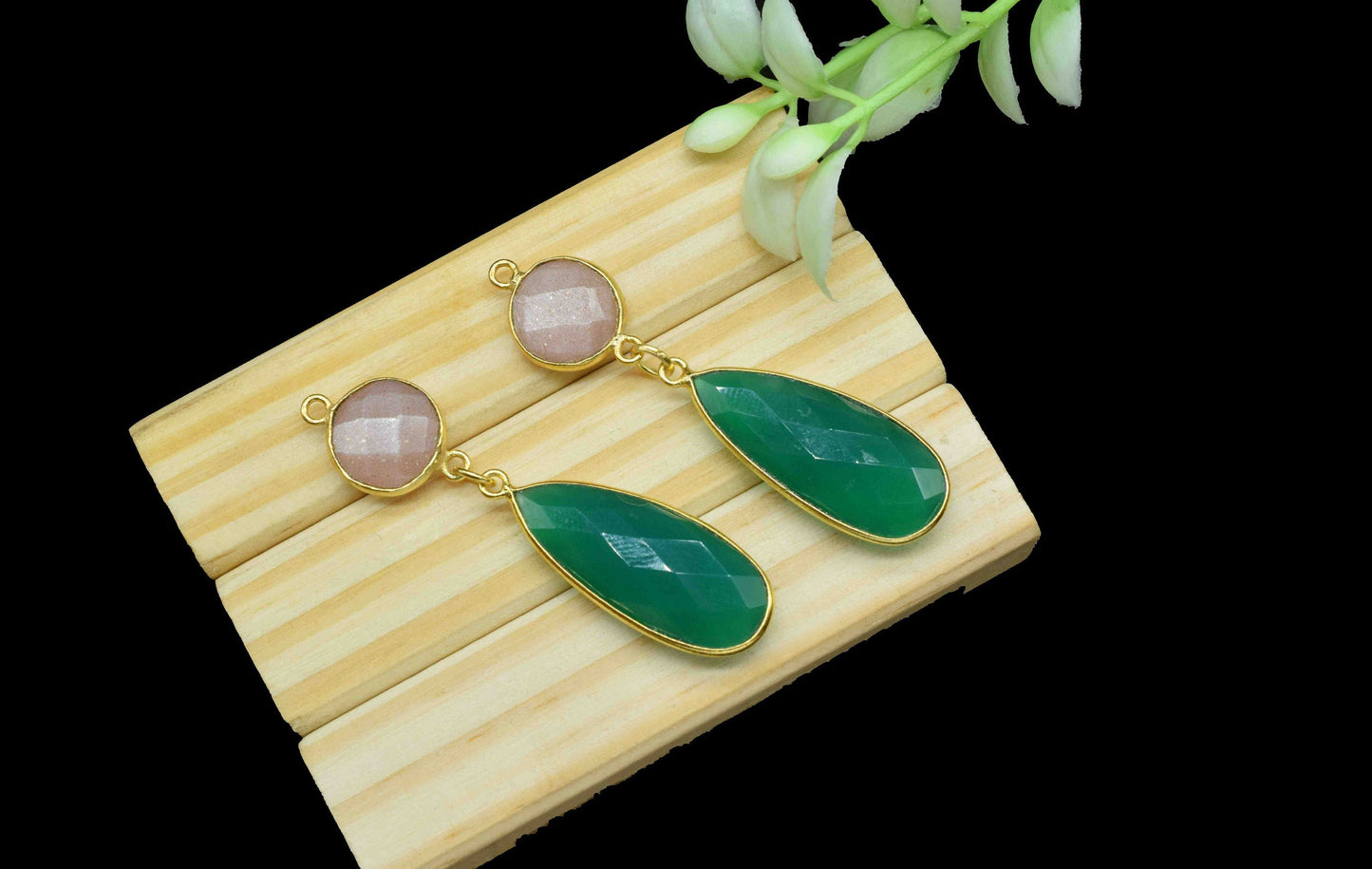 Green Onyx Dangle pendant Charm,Multi Gemstone Dangle Earring,Peach Moonstone pendant Connector,Handmade Station Link,Component Jewelry Gift
