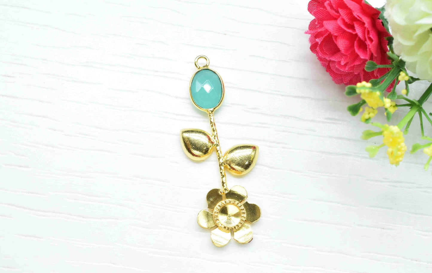 Aqua Chalcedony Gemstone Pendant , Aqua Chalcedony Handmade Pendant , Single Bail Gemstone  Connector, Gold Connectors , Summer Collection