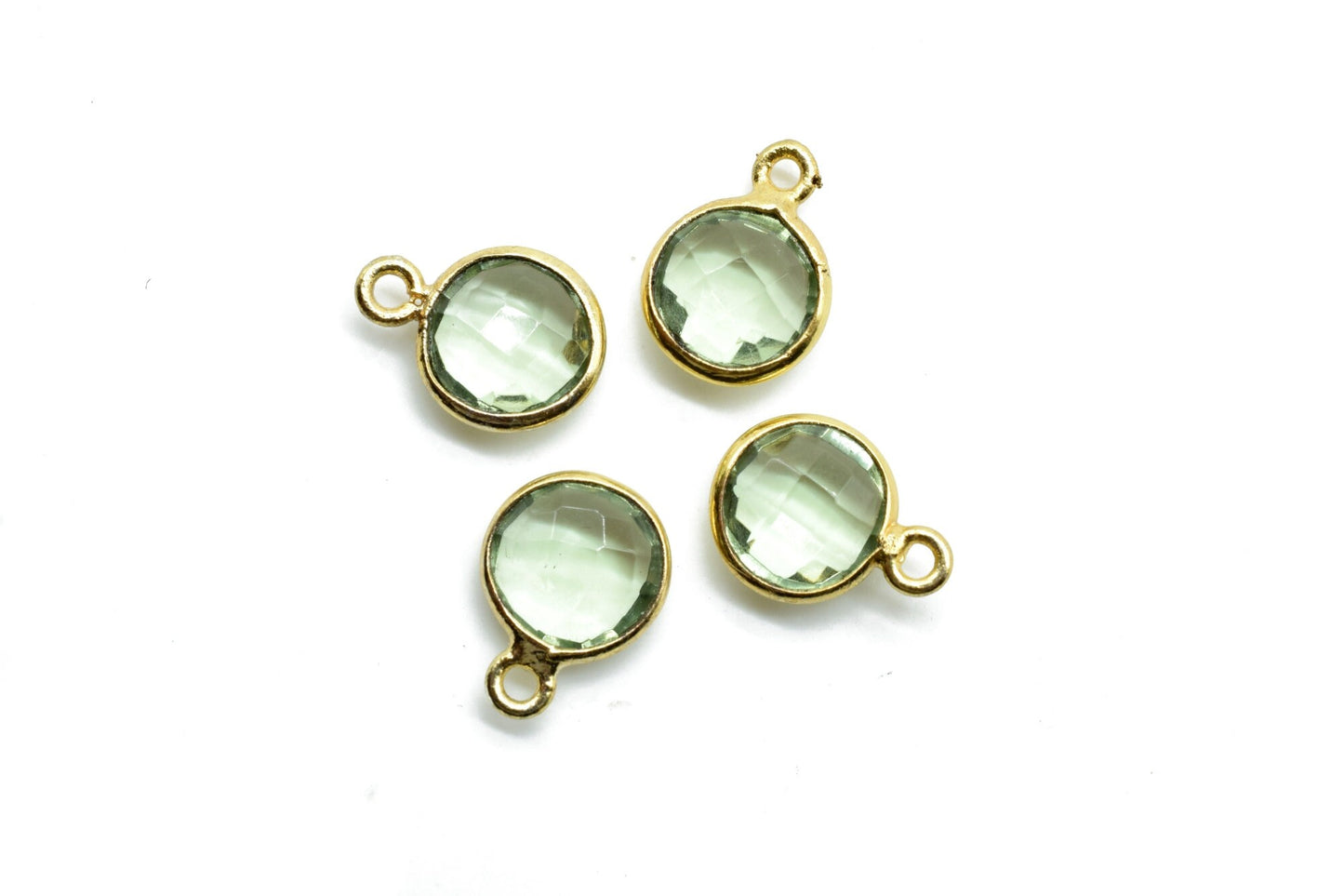 Natural Green Amethyst 8mm charm,Green Amethyst Pendant,Green Amethyst Round Gold Plated bezel,Vermeil ,jewelry making charm Brass connector