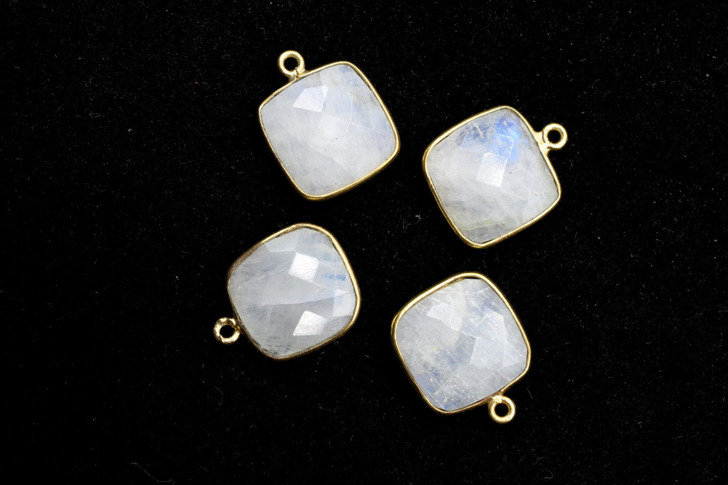Moonstone 14mm Cushion Bezel charm,Elegant Moonstone Gemstone Components Cushion Shape Connectors,Single Bail Over Brass Gold Edge Jewelry