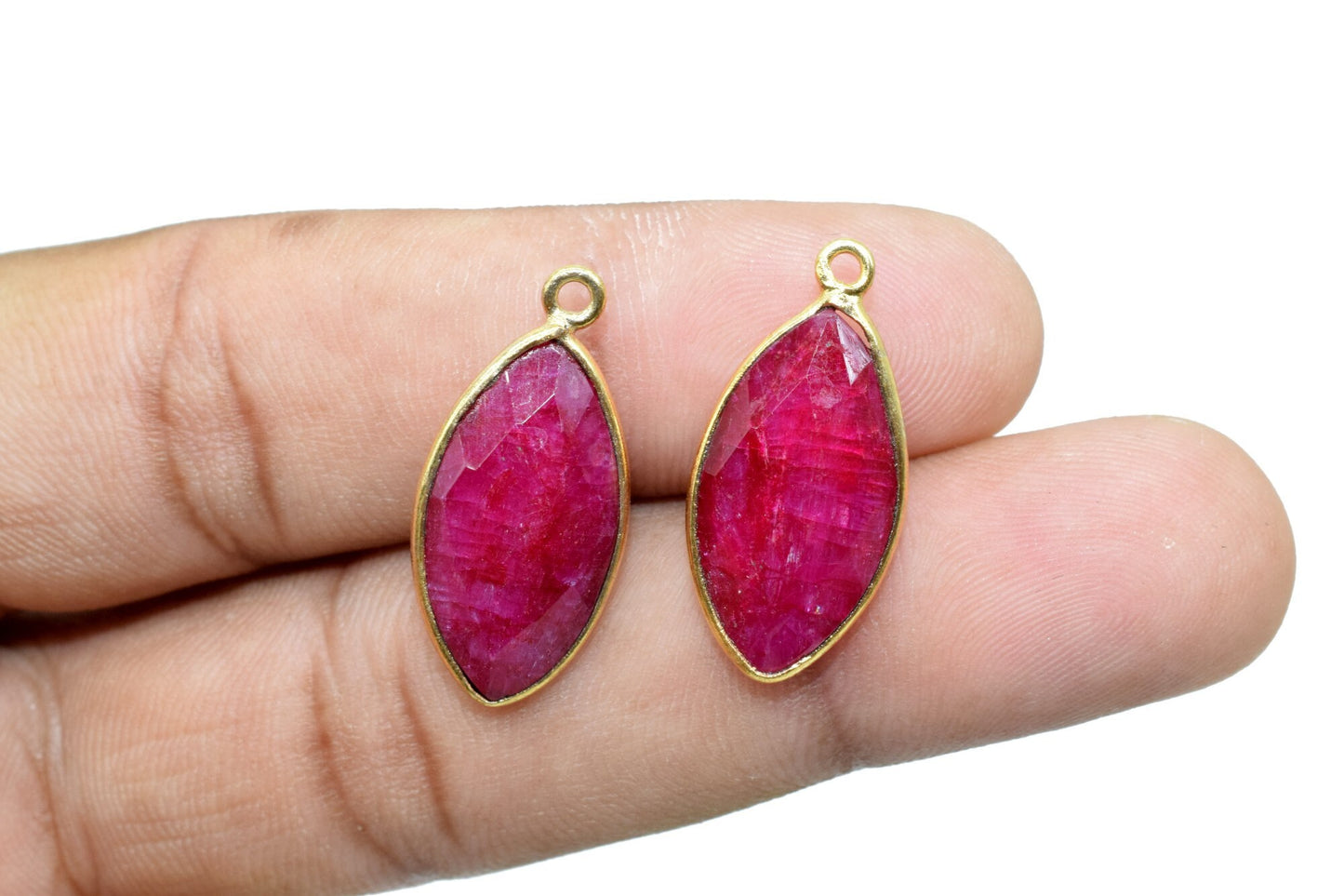 Ruby 10x20mm Marquise shape charm,Ruby Brass Gold Plated bezel,Ruby Faceted Briolette Connector,Ruby Bezel Pendant,Earring making charms