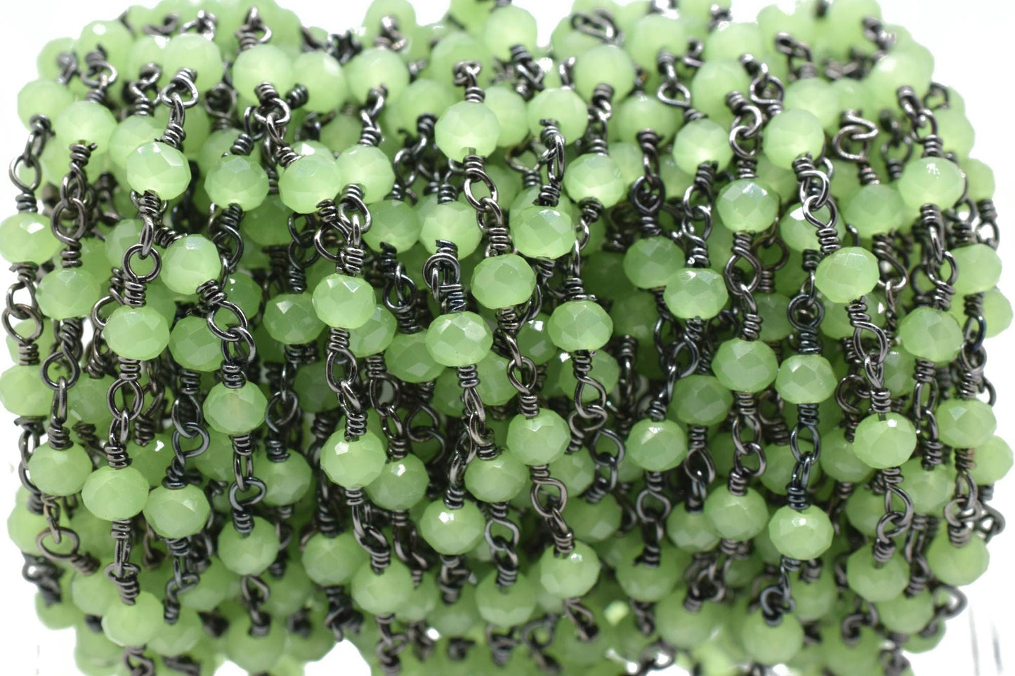 Prehnite Chalcedony 3mm Beaded Chain,Rosary Chain,Prehnite Chalcedony black rhodium Wire Wrap Chain,Brass chain Jewelry Making Chain,Rosary