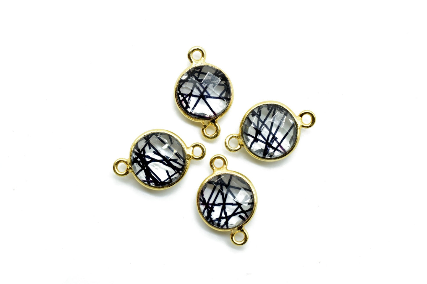 Black Rutile 10mm Round Double loop connectors,Brass Gold Plated bezel,Black Rutile Pendant,Black Rutile double bail Round connectors,Rutile