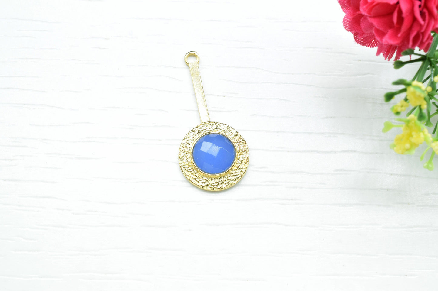 Blue Chalcedony  Pendant , Blue Chalcedony  Gemstone Handmade Pendant ,Single Bail Checker Cut Gemstone Connector, Gold Plated Connectors