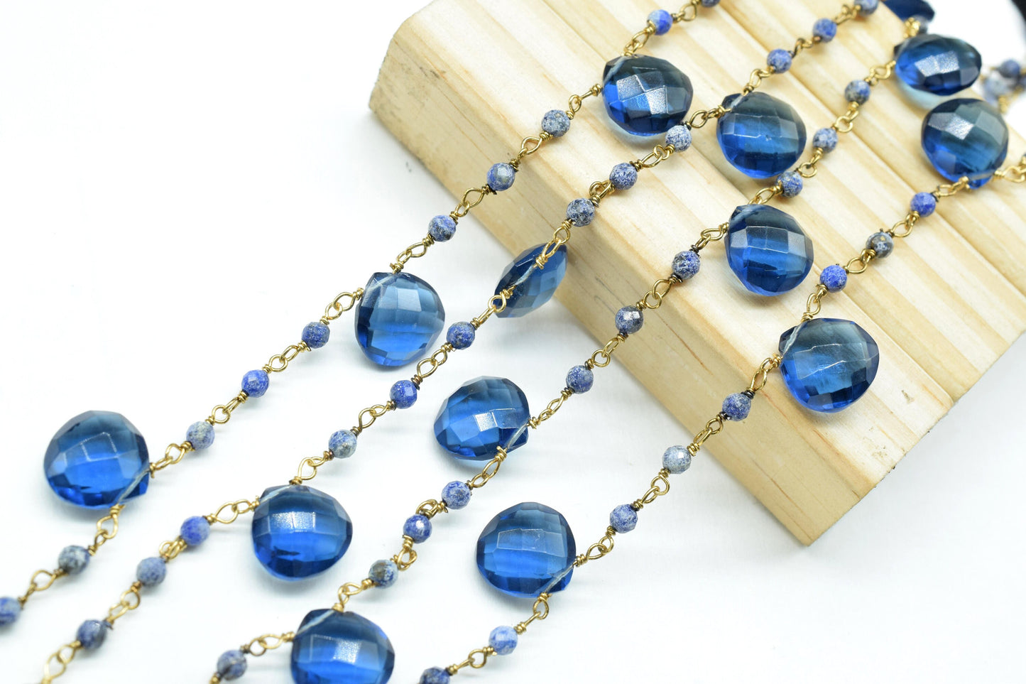 kynite teardrop beaded chain,lapis beaded chain,gesmtone cluster rosary,wire wrapped beaded chain,lapis cluster,beaded chain,gold plated