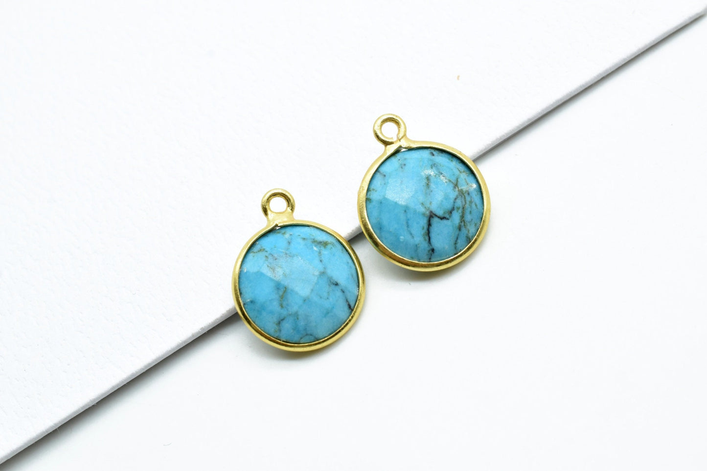 Natural Turquoise 12mm Round Single bail connectors,Turquoise Pendant,Faceted Turquoise bezel link,Gemstone Charm,Gemstone Pendant, charms
