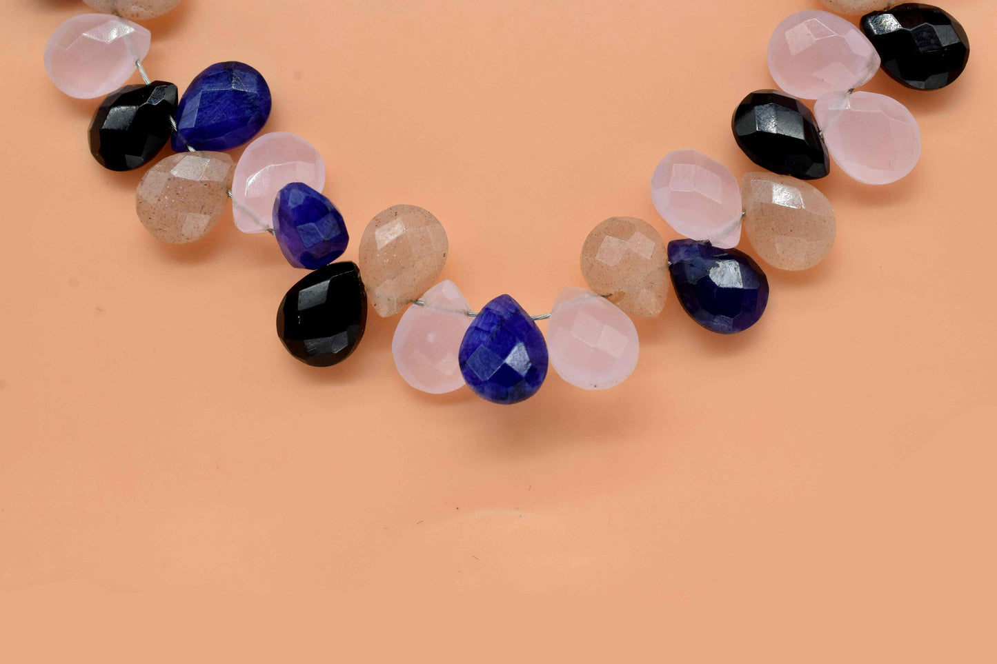 Multi Stone Pear Shape Briolette,Peach Moonstone Briolette, 6x8mm Teardrop,Black Onyx Briolette,Rose Quartz Teardrop, 8''Pear Shape Strand