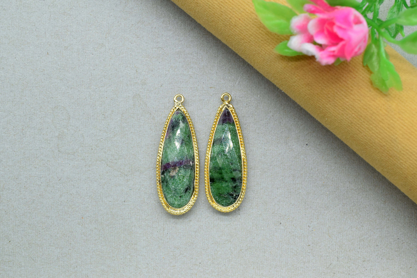 Natural Ruby Zoisite 10x30mm Bezel charm,Station Connector,jewelry making Craft,Single bail Gemstone Teardrop,Handmade Bezel Link,Bezel Set