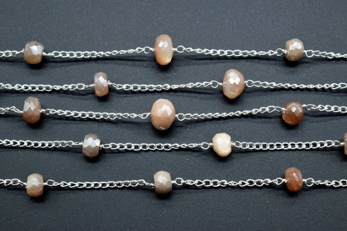 Peach Moonstone Coted Beads Rosary,Silver Plated,Wire Wrapped link Stone Rosary Chain,Bead Supplies,Craft Supply Rosary,Handmade Beads Chain