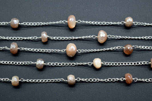 Peach Moonstone Coted Beads Rosary,Silver Plated,Wire Wrapped link Stone Rosary Chain,Bead Supplies,Craft Supply Rosary,Handmade Beads Chain