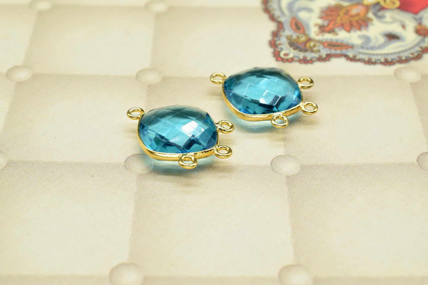 Blue Topaz Charms,Blue Topaz Gemstone 14mm Square Shape Charms,Topaz Faceted Gemstone Bezel Jewelry,Topaz Gold Plated Single Bail Connector