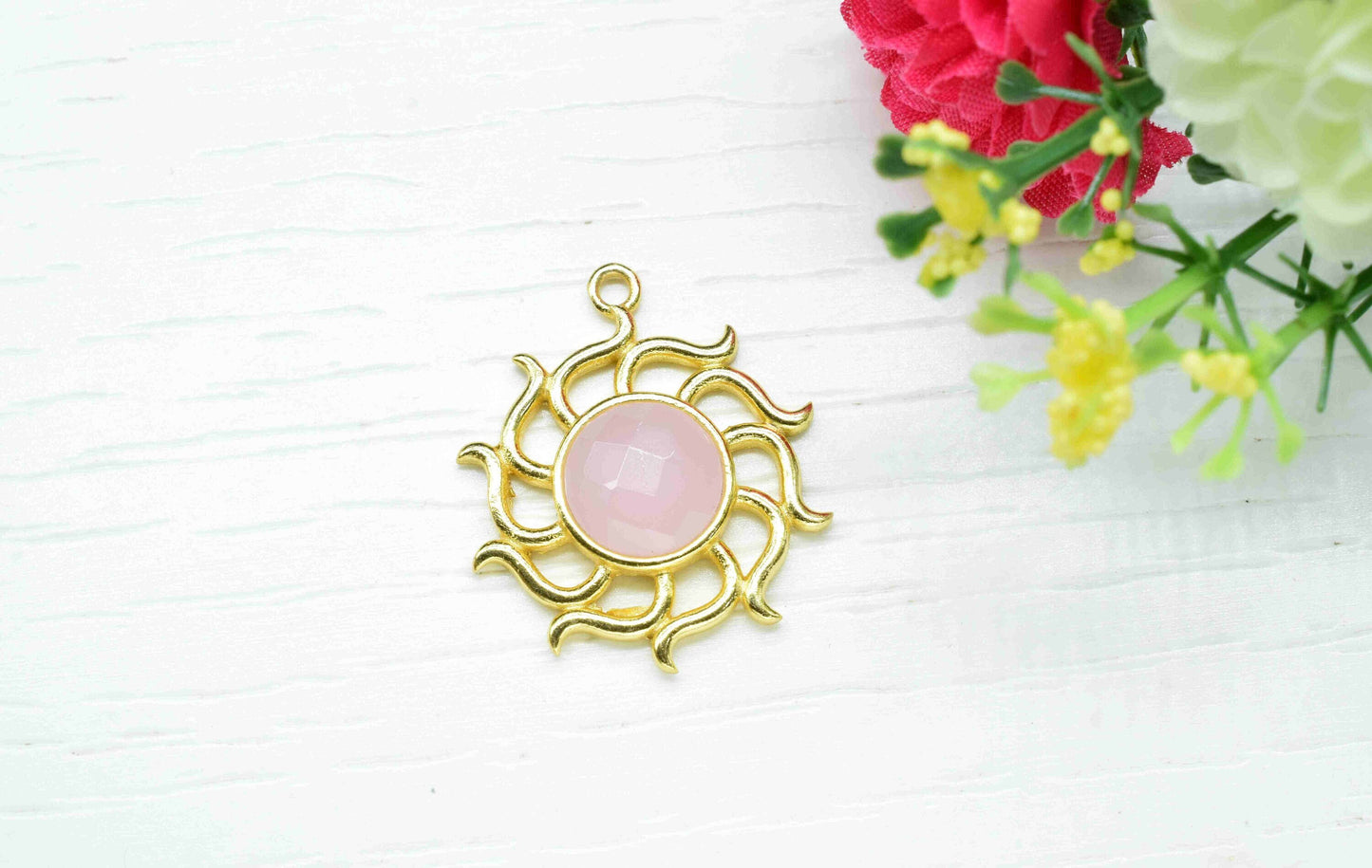 Rose Quartz Gemstone Component, Single Bail Charm ,Rose Quartz Connector Pendant , Gold Plated Connectors , Earring Component , B'day Gift
