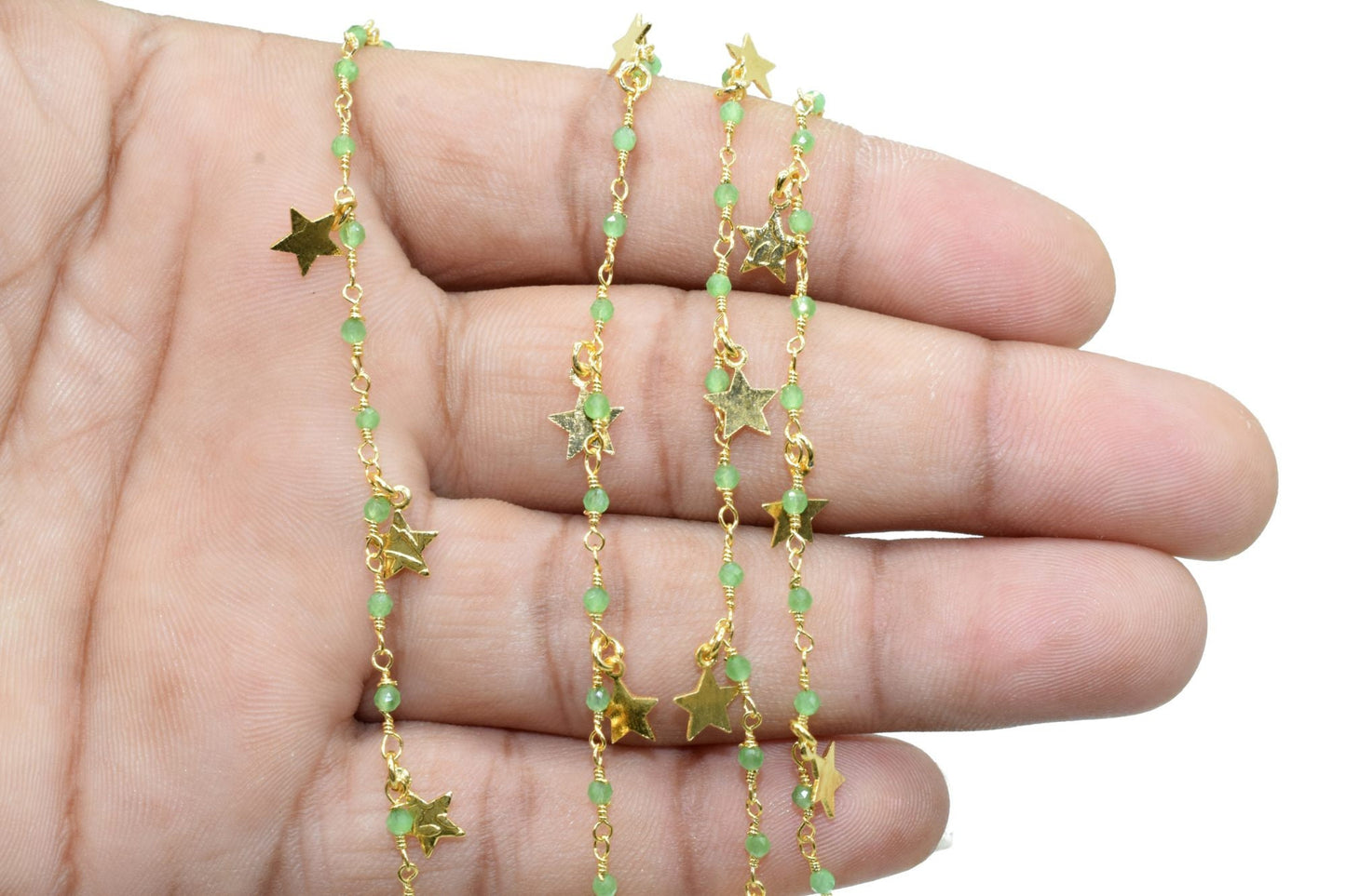 Chrysoprase 2mm Beaded & Star Charm Chain,Rosary Style Chain -Chain per foot,Yellow Plated Wire Wrapped Chain,Jewelry Making Supplies,Jewels