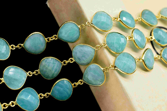 Natural Amazonite 12mm Heart Shape Bezel Chain,Gemstone Bezel Link Chain,Pendant Connector Jewelry,Amazonite Faceted Heart Shape Bezel Chain