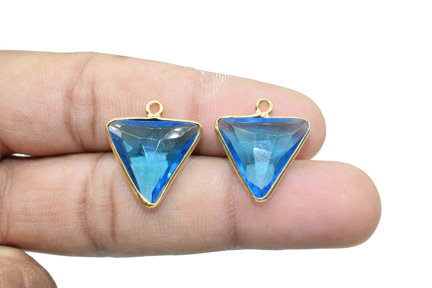 London Blue Topaz 15x18mm Trillion shape charm,Brass Gold Plated bezel,Blue Topaz Faceted Briolette Connector,Topaz Bezel Pendant,Blue Topaz