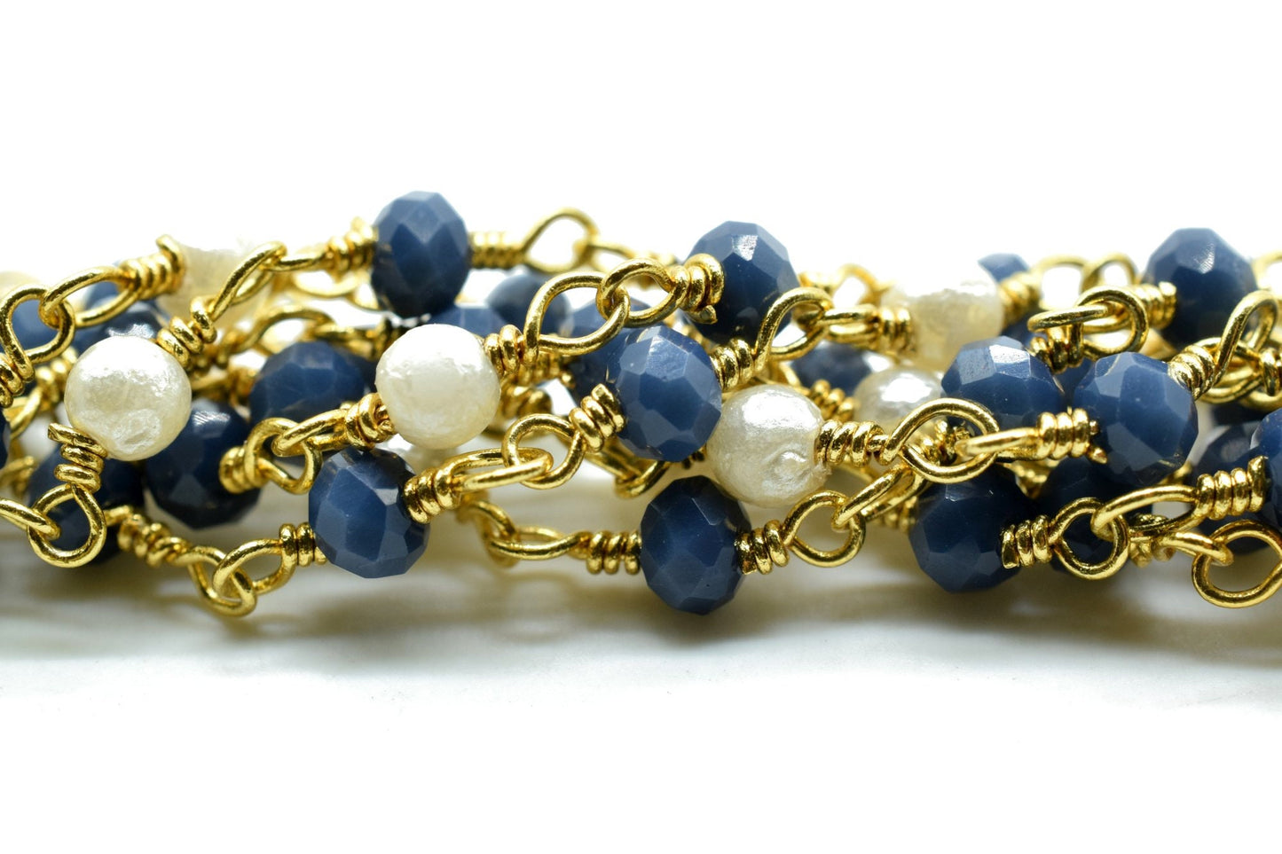 Blue chalcedony  Beaded Chain,pearl Rosary Chains,Blue Agate Gold Plating Wire Wrap Chain,Brass chain,Jewelry Making Chain,Rosary chain,roll