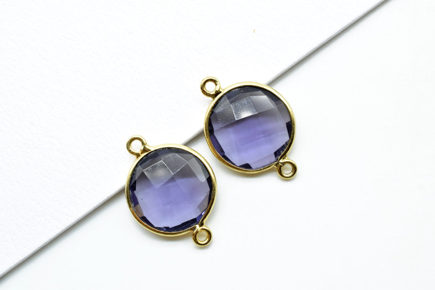 Amethyst 14mm Round double bail Connectors,Brass Gold Plated bezel,Amethyst Pendant,February Birthstone Coin Links,Jewelry Making Findings