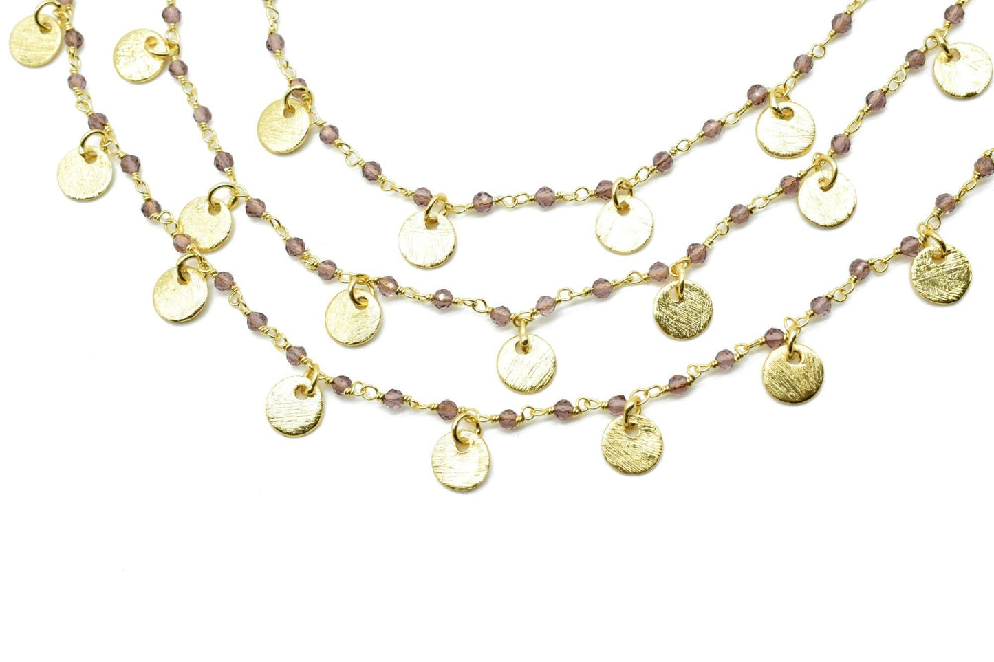 Amethyst 2mm Beaded & Circle Charm Chain,Gold Plated Rosary Chain,Wire Wrapping Gemstone Chain,Gemstone chain,Anti-Tarnish Finished chains