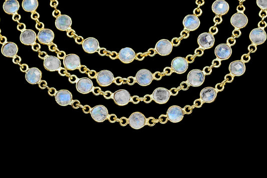 Rainbow Moonstone Bezel Chain Connector, Gold Plated Gemstone Chain, Bracelet Chain,Round Bezel Beads Rosary Chain,Rainbow Jewelry Connector