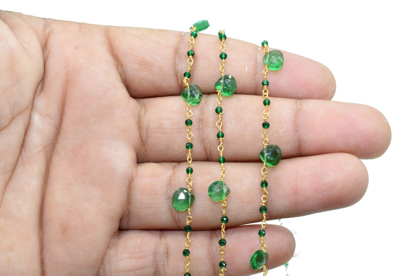 Emerald 2mm Beaded & Heart shape Chain,Wrapped Rosary Chain,Sapphire Briolette rosary chain,Brass Gold Plated Sold Per Foot Wholesale price