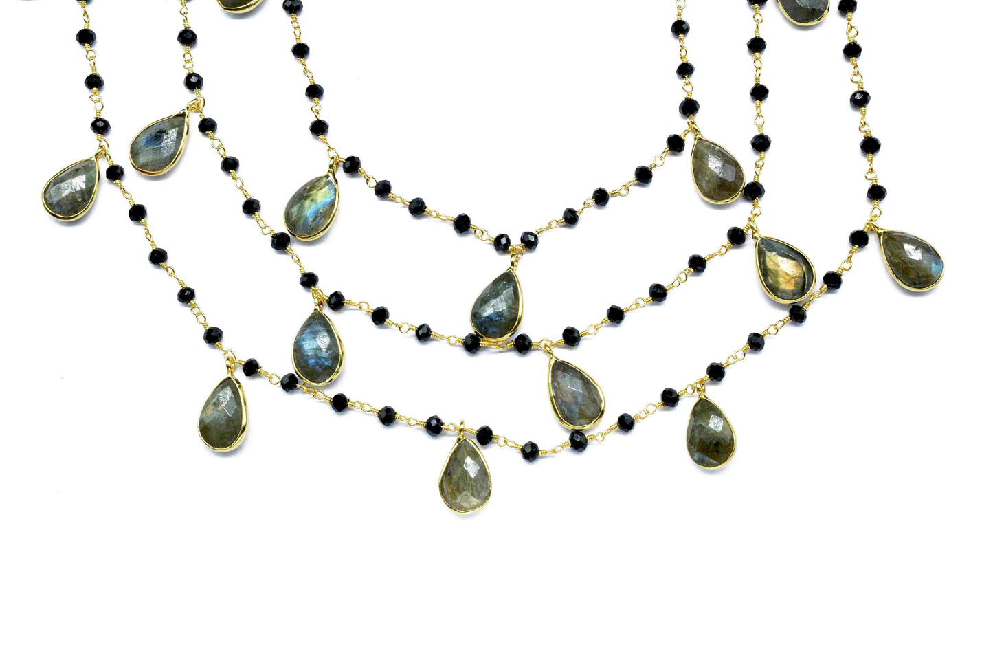Labradorite 8x12mm Teardrop Shape Bezels Link Chain,Black Onyx 3mm Beads Chain,Labradorite Bezels chain,labradorite And Black Onyx Jewellery