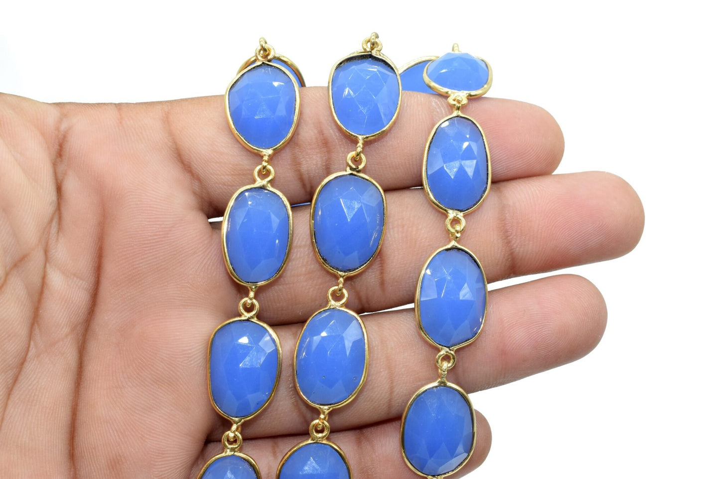 Blue Chalcedony Bezel Connector Chain,Free form Size Faceted Gemstone Connector Chain,Handmade Bezel Link Chain,Gold Plated Bezel Link Chain