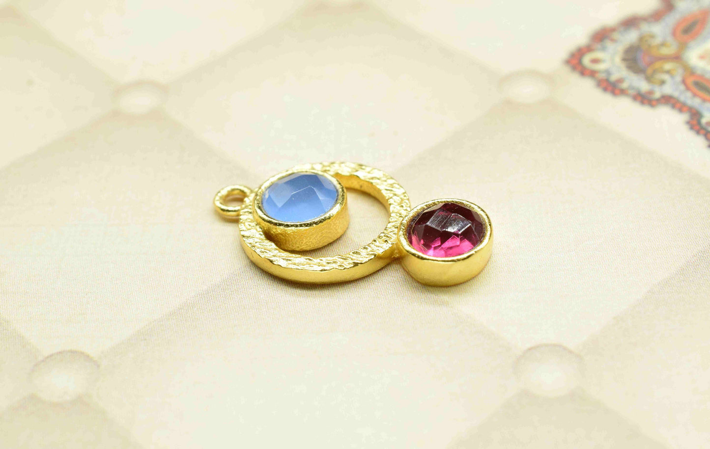 Blue Chalcedony Pendant , Single Bail Charm ,Pink Tourmaline Connector Pendant ,Gold Plated Connectors ,Single Bail Gemstone Connector Charm
