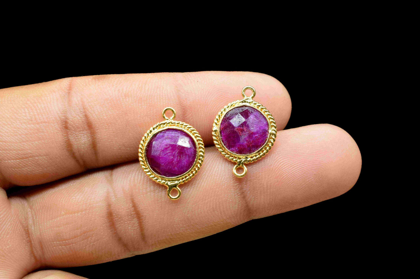 Ruby 10mm Round Shape Double Bail Connectors,Ruby Round Gold Plating Bezels,Ruby Double Loop connector,Ruby jewelry making charm,Ruby Charms