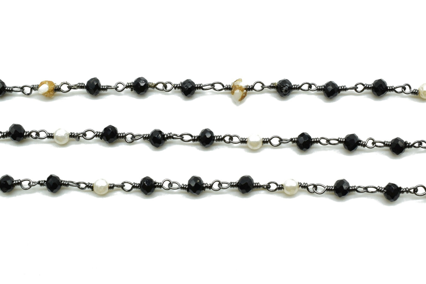 Black Spinel 3mm Rosary Style Beaded Chain, Black Spinel Faceted Beads Wire Wrapped Chain,Brass chains,Jewelry Making Chains,pearl rosary