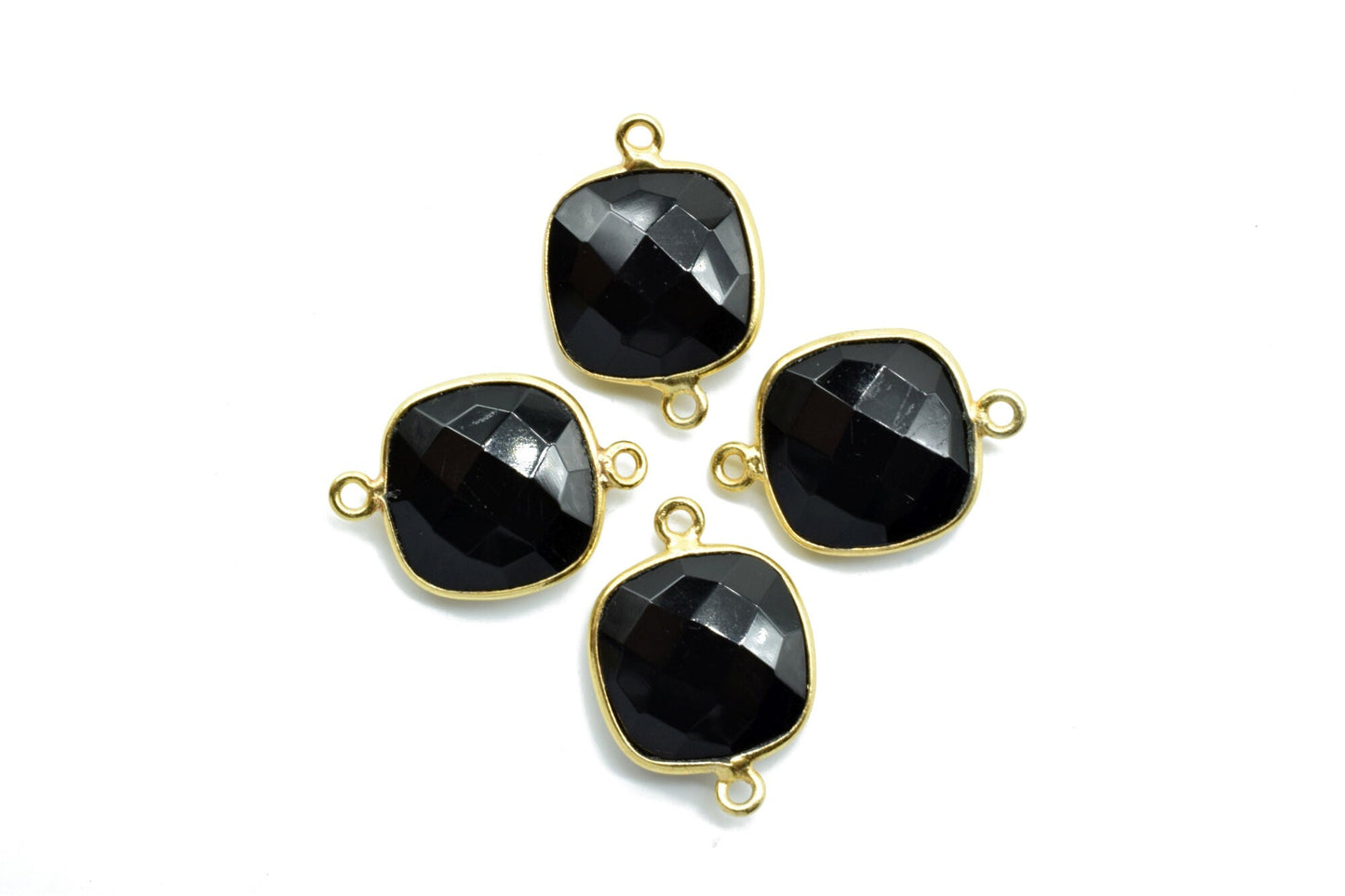 Black Onyx 14mm Cushion double bail connectors,Black Onyx Bezel Findings Cushion Charms,Black Onyx Cushion Gold Plated Shape Connector,