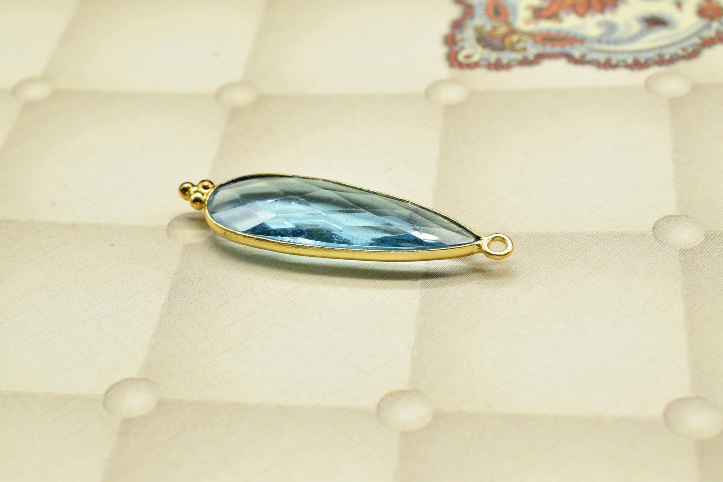 Sky Topaz 10x30mm Bezel charm,GemstoneTeardrop Sky Topaz Pendant,Bezel Link Supplies,Sky Topaz Jewelry Making,Brass Connector Pendant,Gift