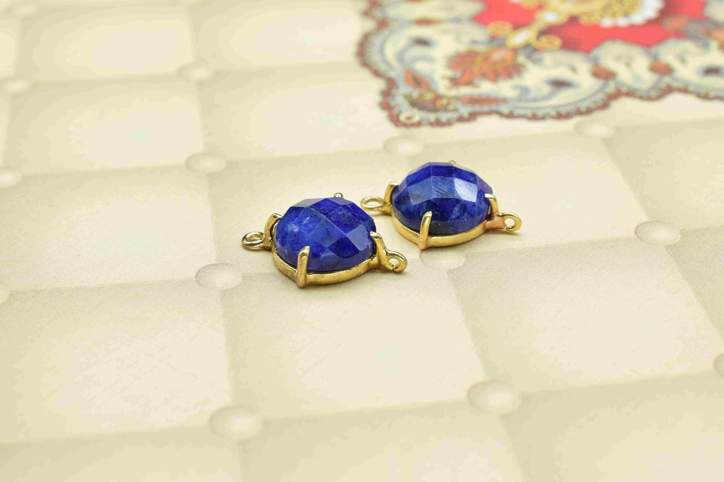 Blue Sapphire Round Connector,Charm for bracelet necklace Jewelry Making,Handmade Gemstone Bezel,Beads Prong Jewelry,double bail connector
